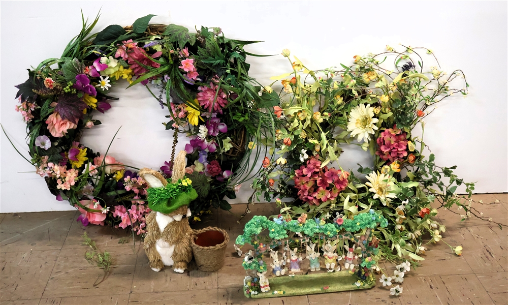 2 Spring Floral Wreaths, Straw Bunny Rabbit, and Resin Swinging Rabbit Tabletop Décor Piece