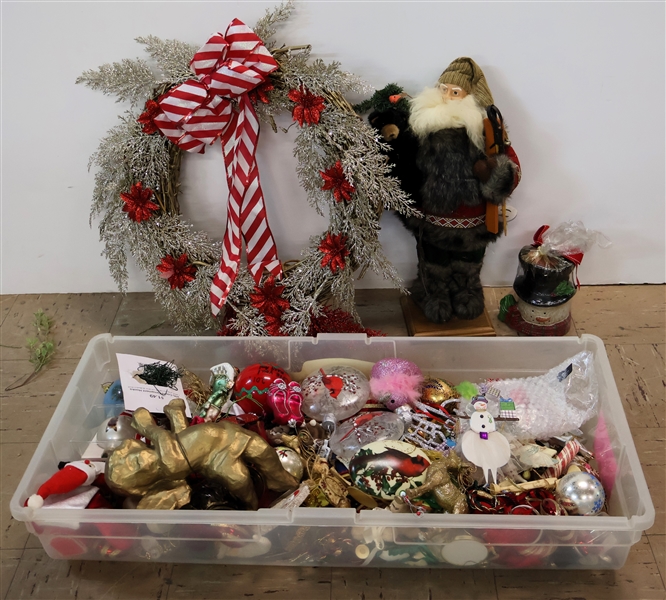 Christmas Lot including Standing Santa Claus, Glitter Wreath, Snowman Wax Warmer, and Box of Christmas Ornaments