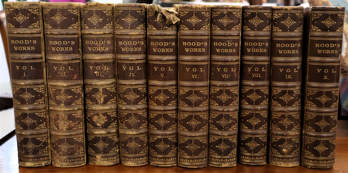 "Hoods Works - The Works of Thomas Hood" Leather Bound Books - Volumes I - X (1-10) - Published in London 1870 