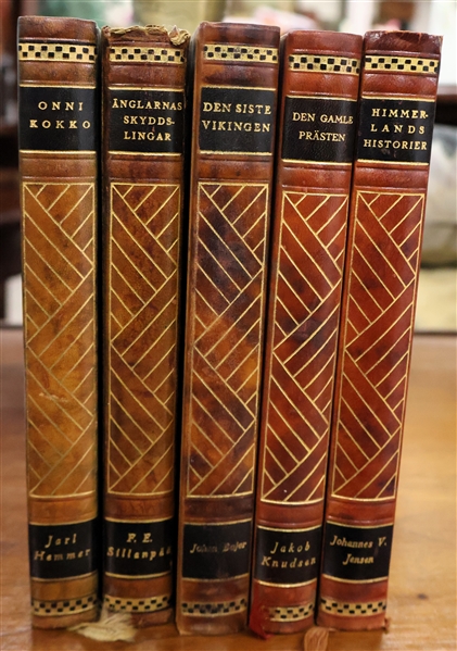 5 Pretty Leather Bound Books with Marbleized Covers - Foreign Language Books - Published in 1930