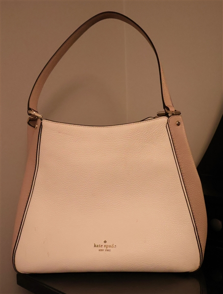 White and Tan Kate Spade Purse - Measures 11" Tall 10" Across