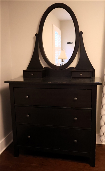 Dark Finish 3 Drawer Dresser with Oval Mirror - Glass Top - Dresser Measures - 38 1/2" tall 43" by 20"