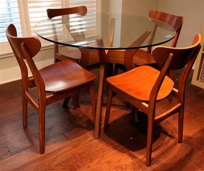 Modern West Elm Round Table and 4 Matching Chairs - Table Has Glass Top and Wood Base - Measures 30" tall 41 1/2" Across 