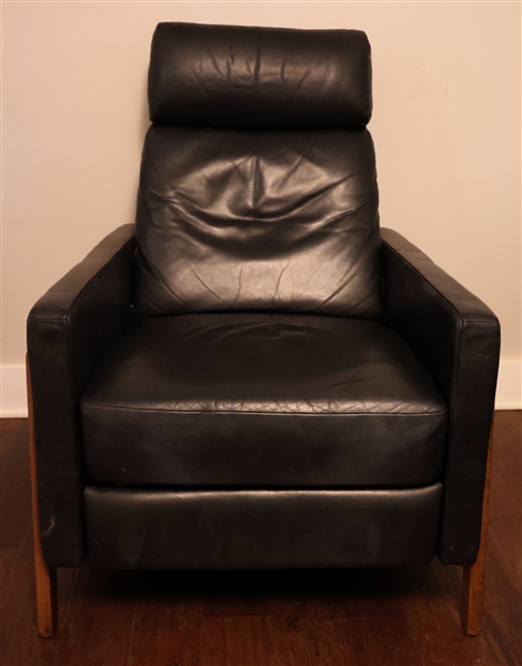 Modern Black Leather Recliner with Wood Frame and Legs - Measures 41" Tall 29" by 33" 