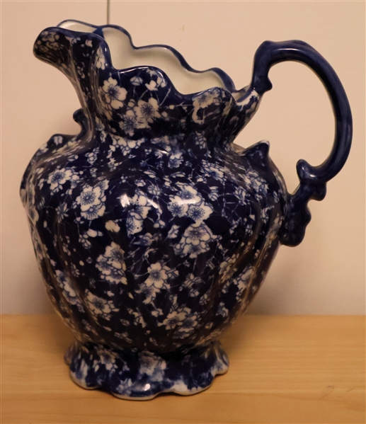 Blue and White Floral Transferware Pitcher - Measures 9" Tall 9" Spout to Handle