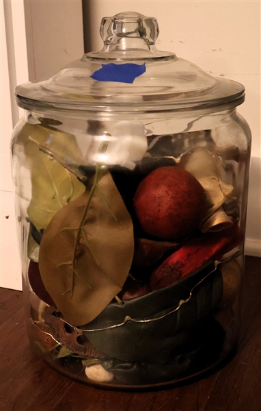 Large Lidded Glass Jar with Decorative Balls and Leaves - Jar Measures 12" tall 9" Across