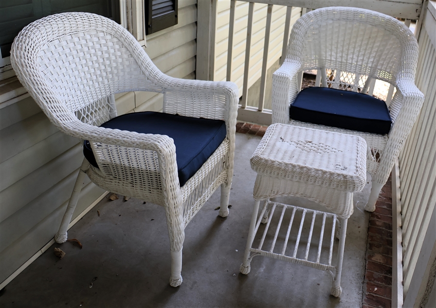 Pair of White Resin Wicker Club Chairs and Matching Table - Chairs Measure 36" tall Table Measures 21" tall 16" by 16" 