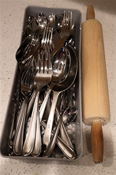 Mixed Lot of Oneida Flatware, Serving Pieces, Stainless Scoop, Rolling Pin, Etc.