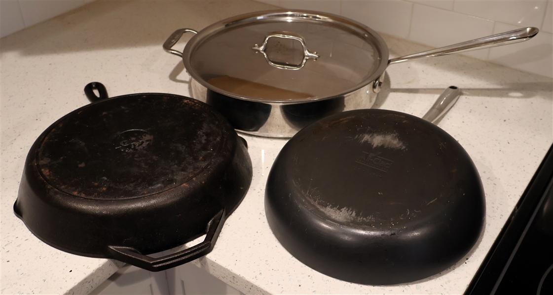 Lodge #10 Cast Iron Pan, All - Clad 10" Skillet, and Large Stainless All Clad 5 Quart Skillet with Lid