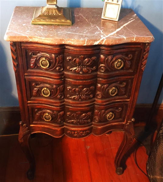 Italian Style 3 Drawer Chest - Marble Top -Heavily Carved Drawer Fronts - Measures 36" Tall 24" by 16" 