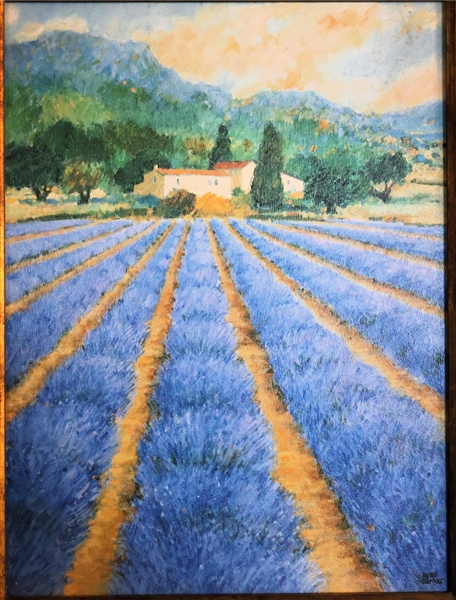 Hazel Barker Oil on Board Painting of a Field of Blue Flowers - Framed - Frame Measures 21" by 17" 