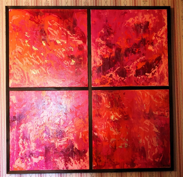 Artist Signed Pink and Orange Abstract Oil on Canvas Painting Signed Johnsen - Gallery Framed - Frame Measures 43" by 43"