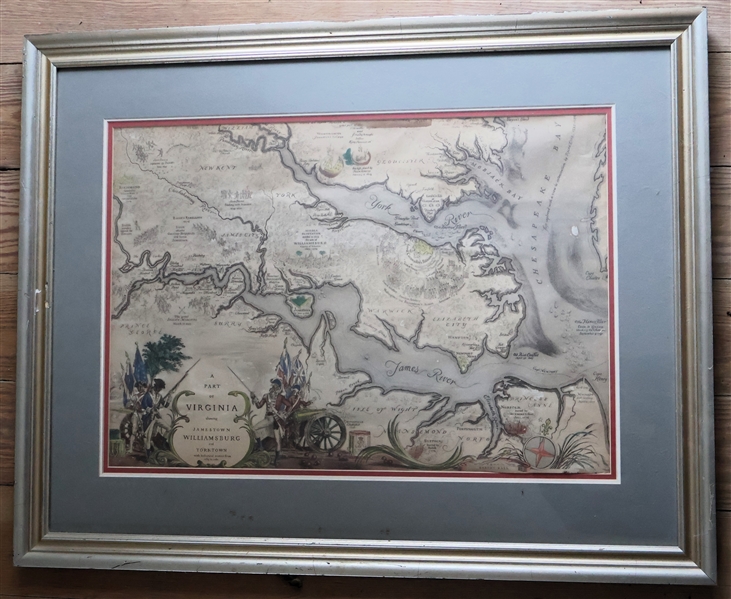 "A Part of Virginia showing Jamestown Williamsburg, and Yorktown with Historical Events From 1585-1781" Handcolored Map - Framed and Double Matted - Some Water Damage to Print - Frame Measures 25"...