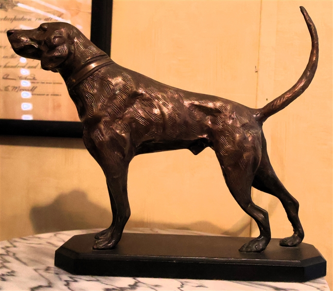 Lacquered Bronze Bird Dog Statue on Black Wood Base - Made in India - Measures 8" Tall 11" Nose to Tail 