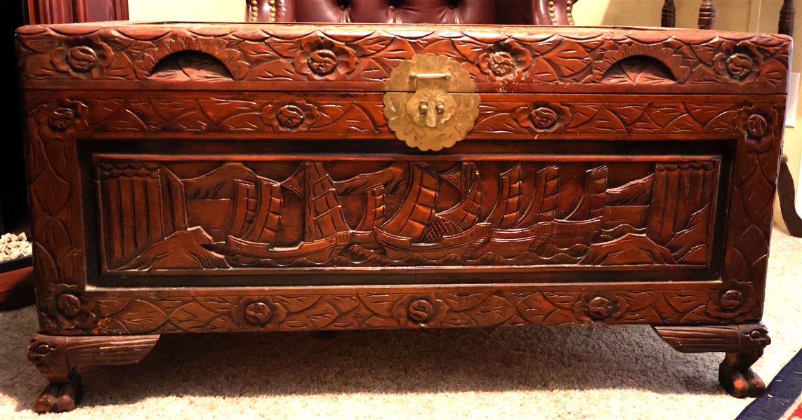 Oriental Heavily Carved Chest with Carved Ships and Flowers - Measures 18" Tall 35" by 17" - NO CONTENTS