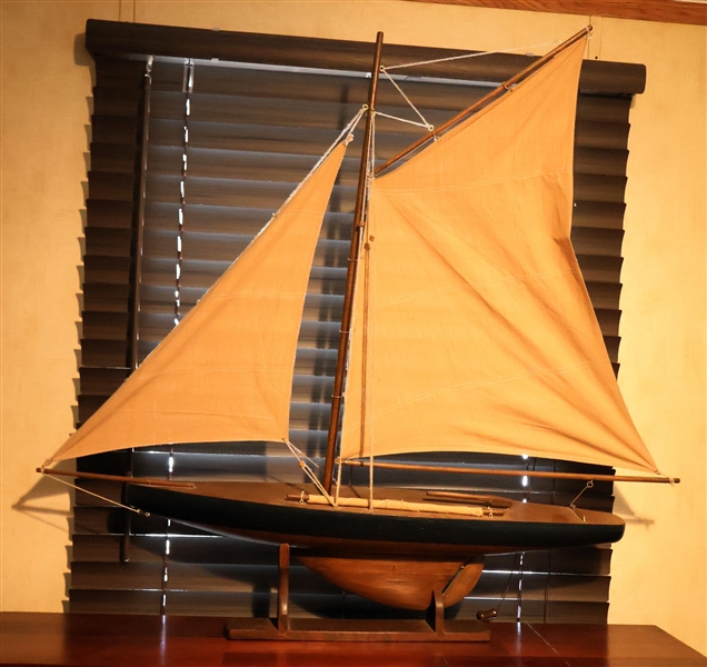 Handmade Wooden Ship Model - Canvas Sails - On Wood Stand - Measures 36" Tall 29" Long including Sails