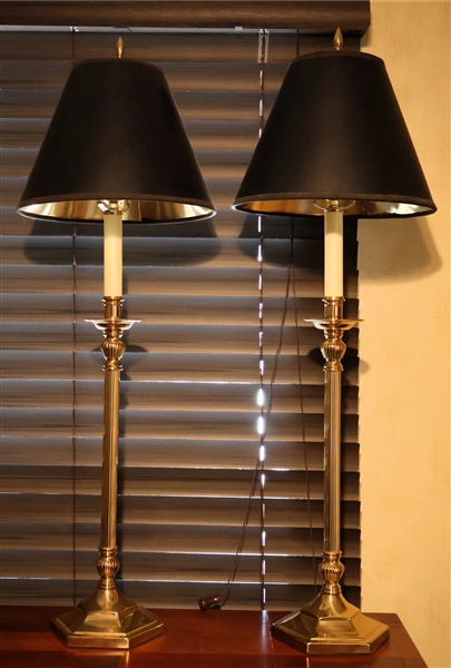 Pair of Brass Column Candle Stick Lamps with Black Shades - Each Measures 32" Tall 