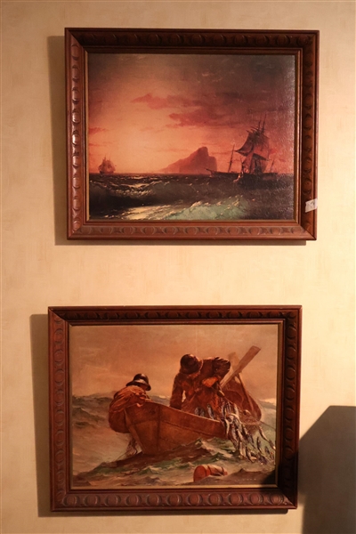 2 Nautical Prints on Board in Matching Wood Frames - Sailing Ships and Fishermen - Each Frame Measures 19" by 23 1/2"