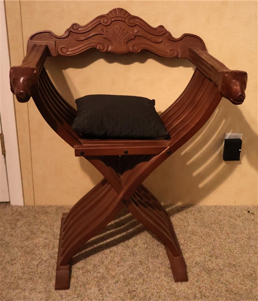 Savonarola Style Chair - "X" Frame with Carved Heads and Scrolled Back - With Black  Throw Pillow - Measures 34" tall 24" by 18" 