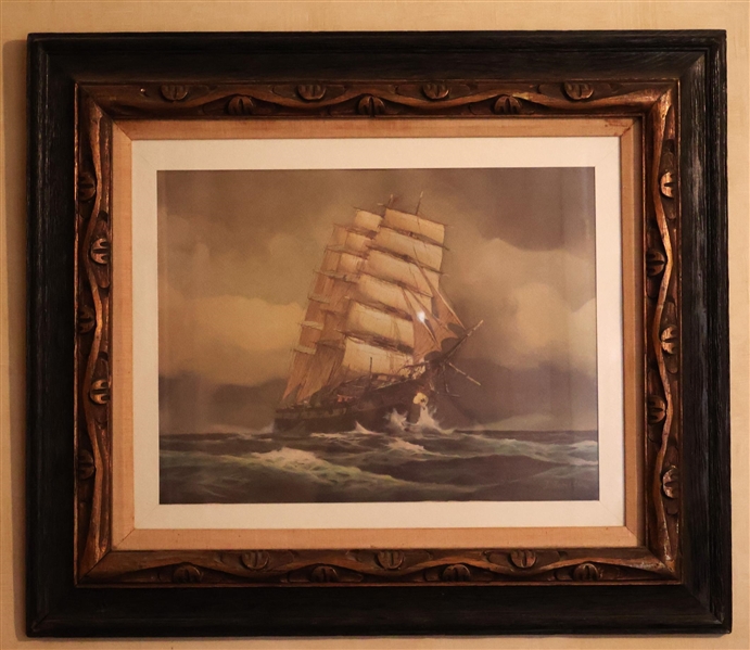Sailing Ship Print in Wood Carved Frame - Frame Measures 24" by 26"