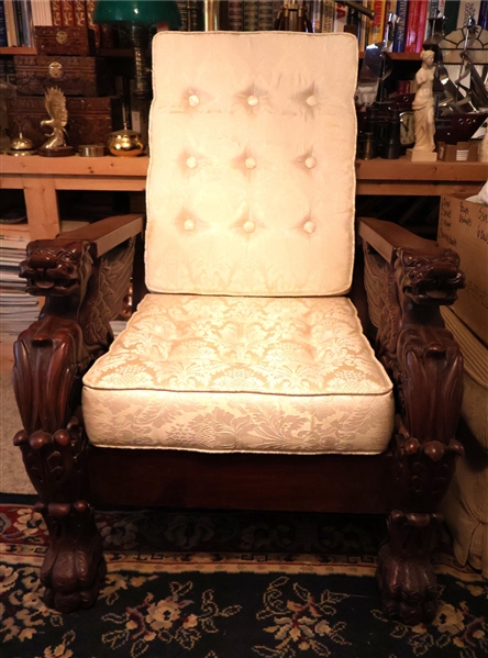 Oriental Carved Reclining Chair with Carved Griffins with Wings - Large Claw Feet - Cream Brocade Button Tufted Cushions - Measures 40" tall 27" by 30" 
