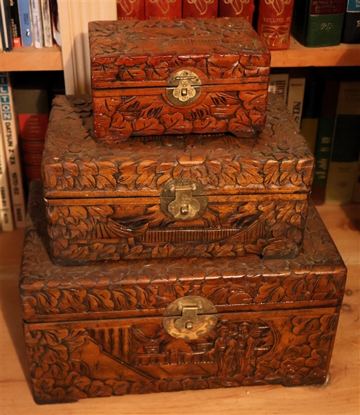 3 Heavily Carved Oriental Wood Jewelry Boxes - Smallest Measures 3" tall 6" by 4" - Largest Measures 6" tall 12" by 8" 
