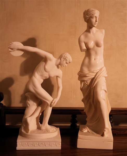 2 Faux Marble Statues - Woman Made in Italy with Original Sticker and Grecian Man Measuring 8" Tall 