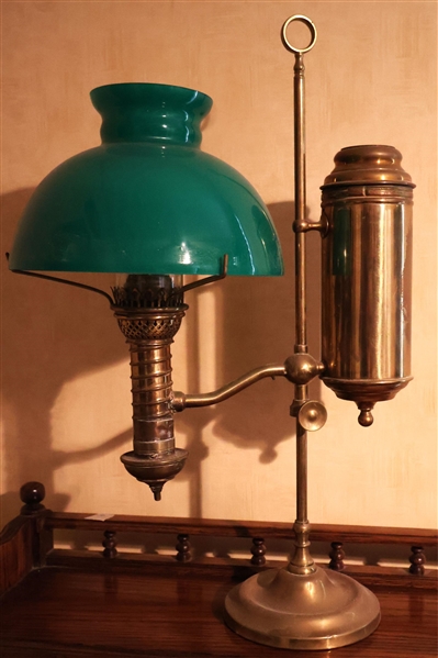 Brass Student Lamp with Green Case Glass Shade - Has Been Electrified - Missing Cord - Measures 23" tall 12" Across