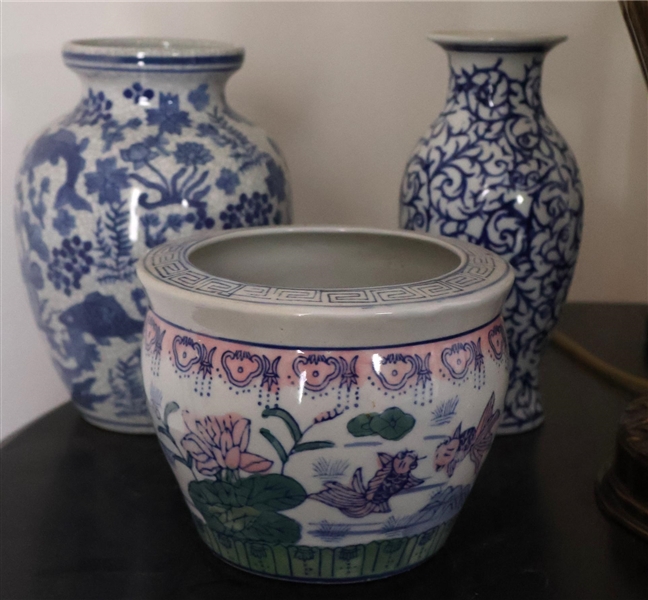 3 Pieces of Chinese Decorator Stoneware  -Blue and White Vase with Koi Fish, Fishbowl Style Miniature Planter and Other Blue and White Vase - Koi Vase Measures 8" Tall 