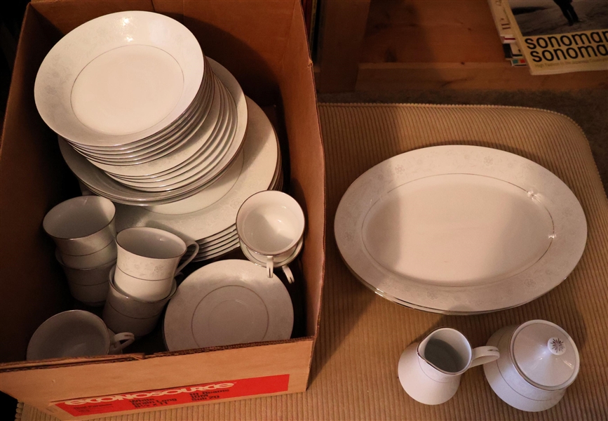 37 Pieces of Crown Ming Fine China White with White Flowers - Platinum Trim - Including Dinner Plates, Platters, Cream & Sugar, Cups & Saucers, and Bowls 