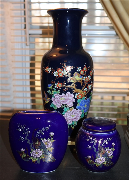 CMC Japan Tall Vase, Smaller Vase, and Trinket Box All with Enamel Painted Birds and Flowers  - Taller Vase Measures 10 1/2" Tall Smaller Trinket Box Measures 3 1/2" tall 