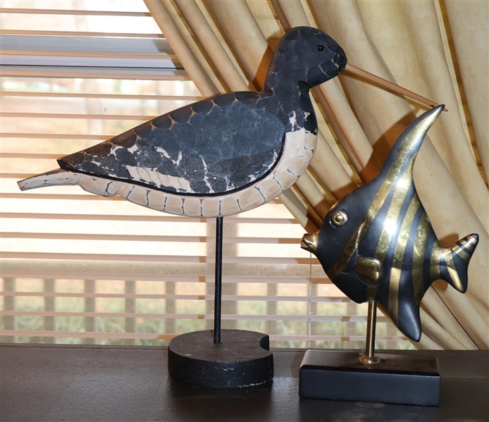 Hand Carved Wood Bird and Black and Brass Angel Fish - Bird Measures 12" tall 