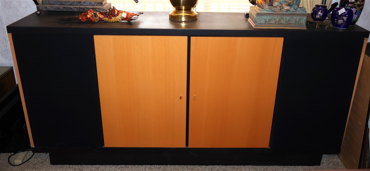 Black and Light Wood Stereo Cabinet with HED Speakers on Each End  - Measures 35" Tall 73" by 16"