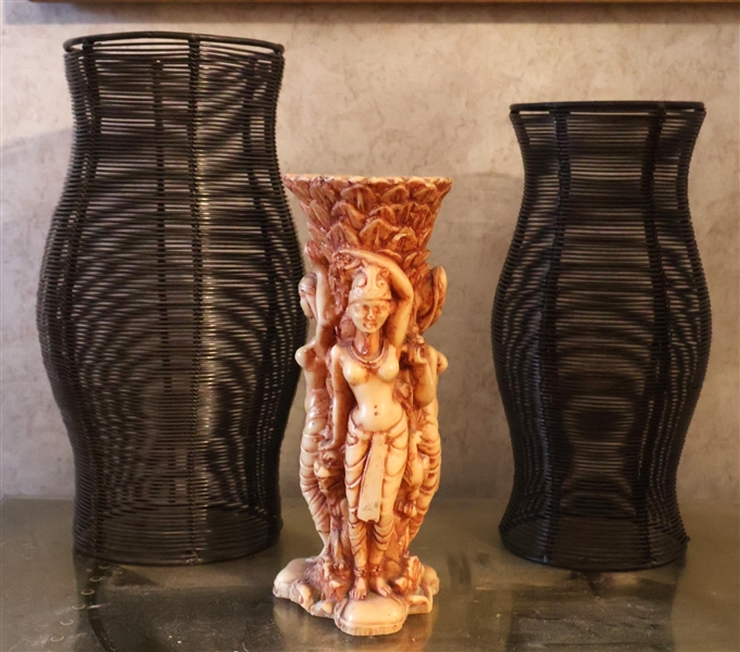 2 Wire Wrapped Hurricane Shades (Heavy Metal) and Carved Resin Figural Vase - Chipped Around Top Edge - Vase Measures 9" Tall, Tallest Hurricane Shade Measures 12" 