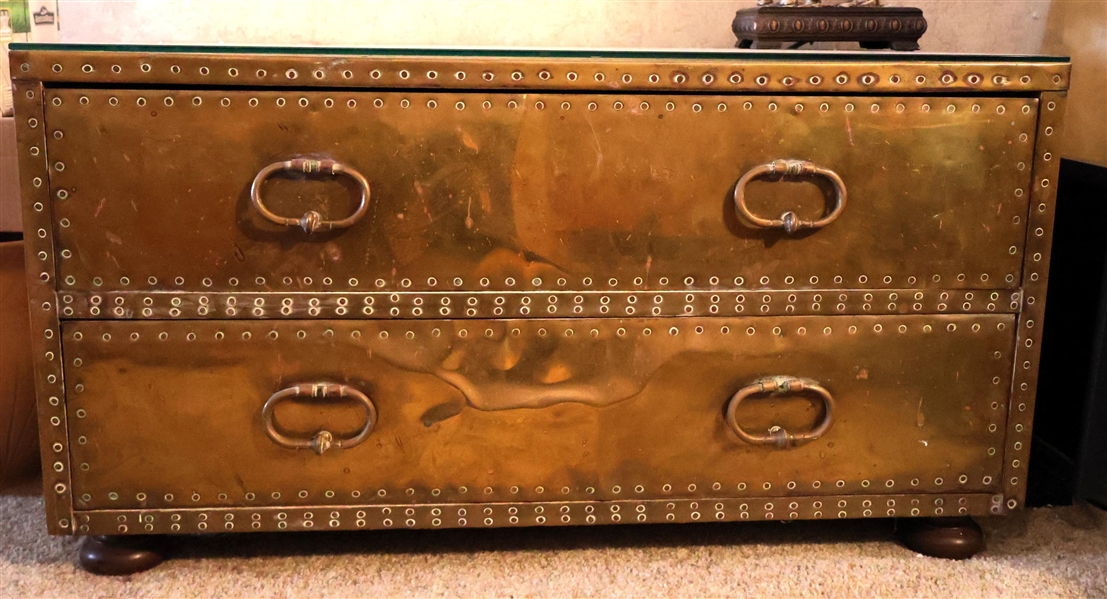 Outstanding Brass Wrapped Campaign Chest - 2 Dovetailed Drawers - Rivets Overall - Glass Top - Finished on All Sides - Very Heavy - Measures 18 3/4" Tall 34 1/2" by 20" 