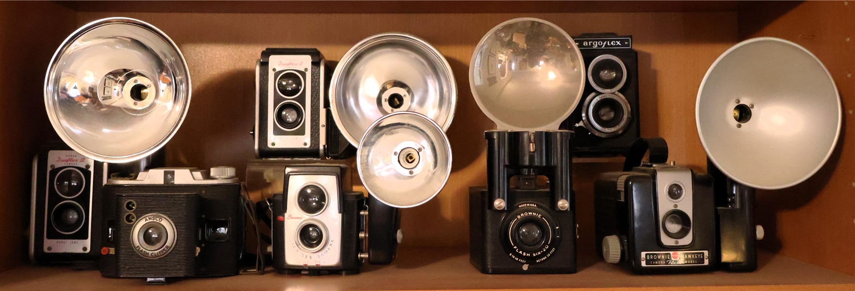 Collection of 7 Vintage Cameras including Dualflex III, Ansco Flash Clipper, Brownie Starflex, Brownie Flash Six-20, Brownie Hawk Eye, and Argoflex