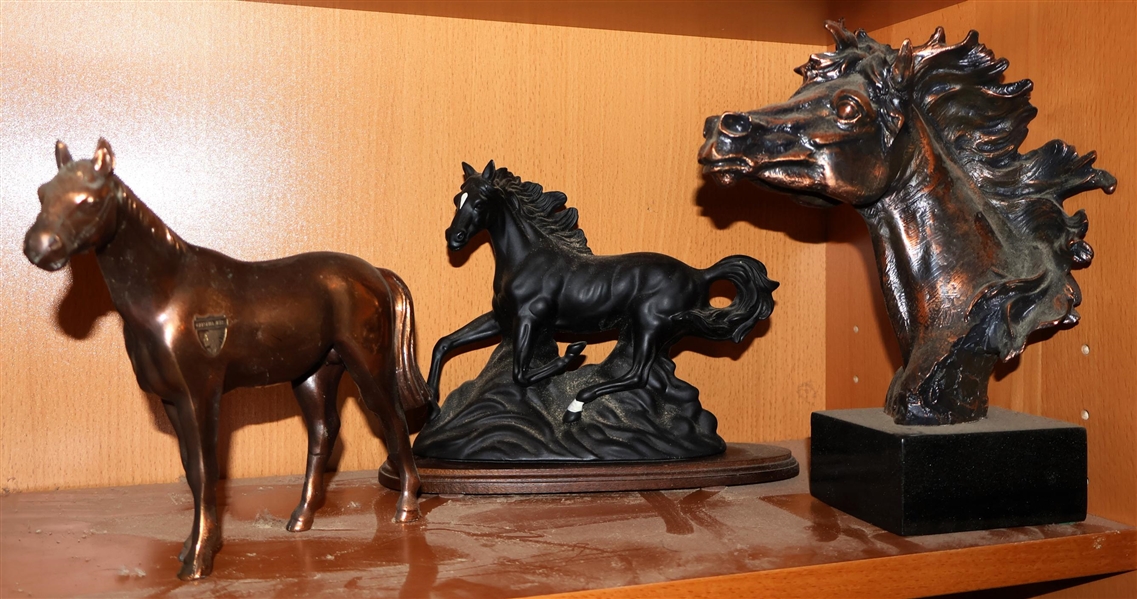 Collection of Horse Figures - Copper Tone Metal Catskill Mtns. Horse Measuring 6 1/2" High, Copper Tone Resin Horse Head - Measuring 9" Tall, and Black Ceramic Running Horse 
