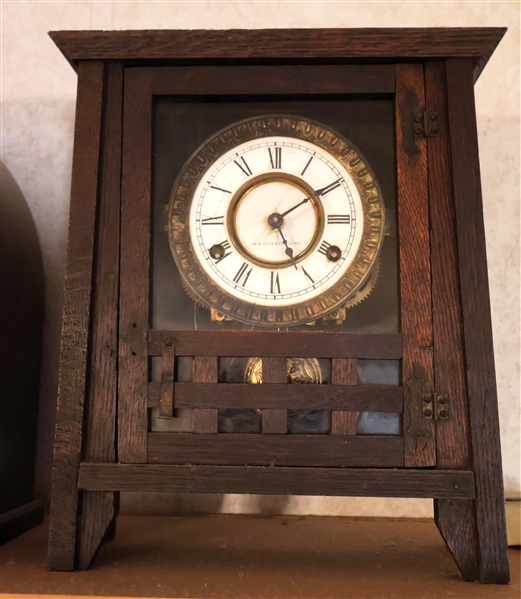 Misson Oak New Haven Mantle Clock Measures - Striking - With Fancy Pendulum  13 1/2" Tall 11 1/2" by 4 1/2" 