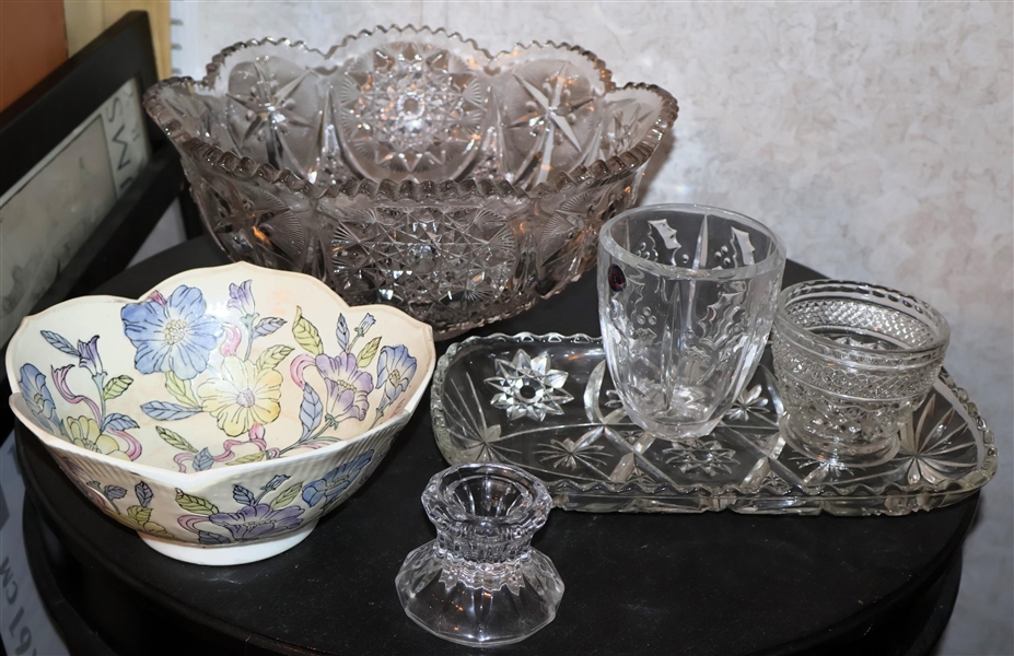 Group of Crystal and China  - Large Press Glass Bowl, Lead Crystal Holly Vase, Asian Bowl, Wexford Glass, and Press Glass Tray - Large Bowl Measures 6" Tall 13" Across - Holly Measures 5" Tall 