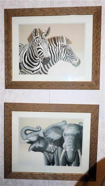 Pair of Classy Art by Peter Moustakas Coordinating Zebra and Elephant Prints in Gold Frames - Frame Measures 20" by 24"