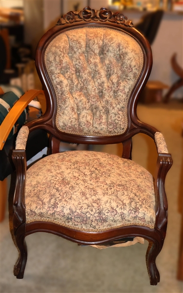 Mahogany Rose Carved Parlor Chair - Button Tufted Back - Measures 46" tall 25" Wide