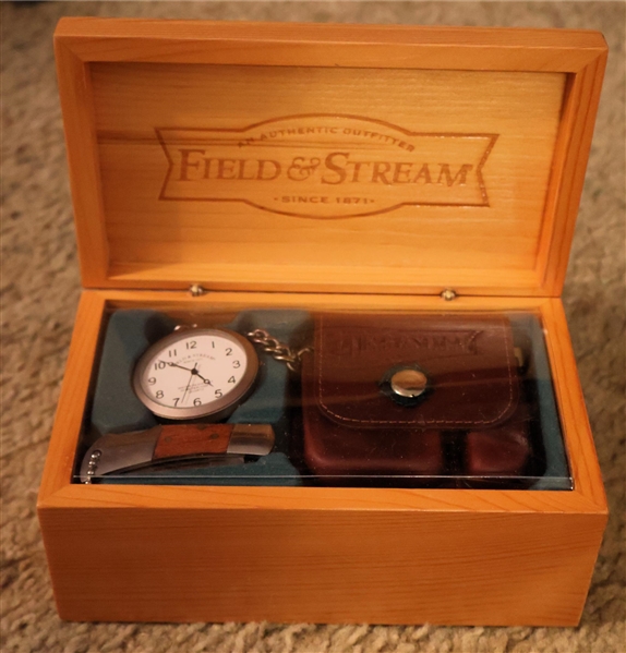 Field and Stream Gift Set - Pocket Watch, Pocket Knife, and Leather Pouch - All in Wood Box - Brand New 