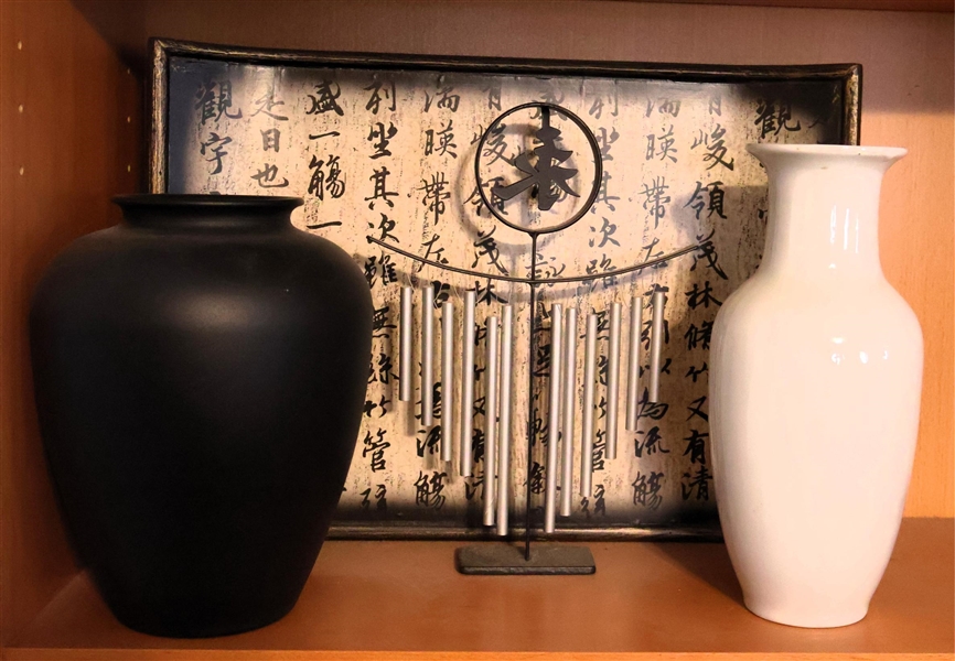 Lot of Asian Decorative Items including Tray, Wind Chimes, Black Painted Glass Vase, and White Vase - Tray  Measures 17 1/2" by 12 1/2" 
