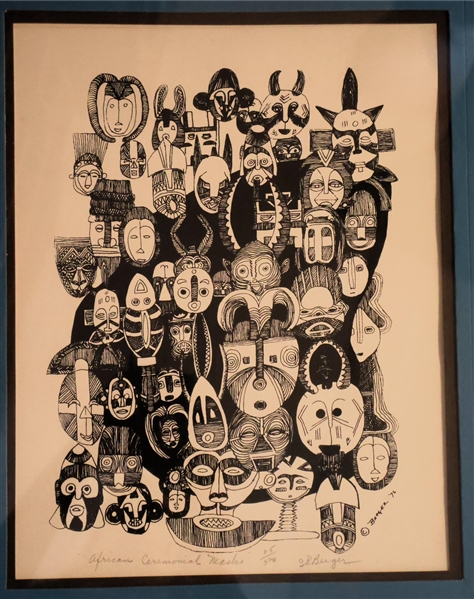 "African Ceremonial Masks" by S. R. Berger - Artist Pencil Signed and Numbered 25 / 500 Print - Framed and Double Matted - Frame Measures 18 1/2" by 14 1/2" 