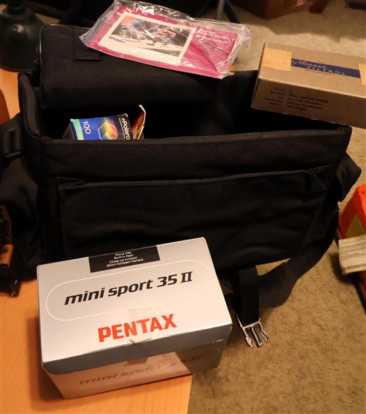 Camera Bag with Pentax Mini Sport 35 II Camera in Original Box, Glasser Filtrol Filter, Polaroid Spectra System Remote Control, Film, and Accessories