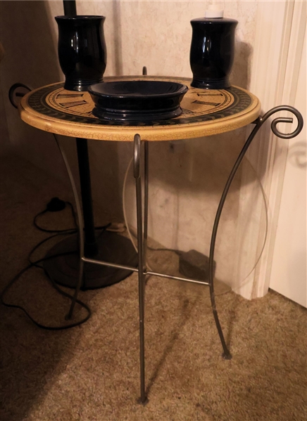 Metal Stand with Clock Dial Top and Brand New Navy Ceramic Bathroom Set - Table Measures 20" tall 15" Across - Top is Removable
