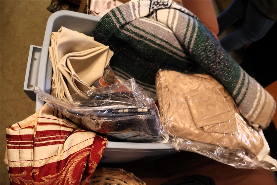 Container Full of Linens, Cloth Napkins, Table Cloths, Serape Blanket, and Gold Curtains 