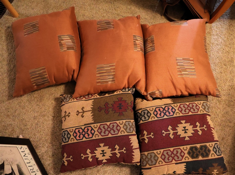 5 Throw / Accent Pillows - Orange with Earth Tone Designs and 2 Tribal Style Pillows 