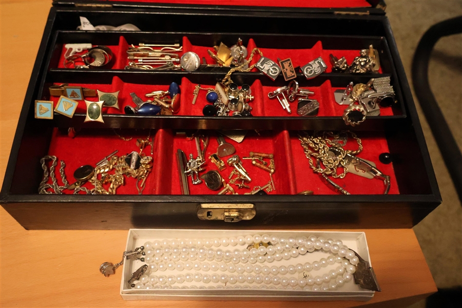 Jewelry Box Full of Costume Jewelry - Cuff Links, Tie Clips, Collar Stays, Earrings, Bracelet, Etc.