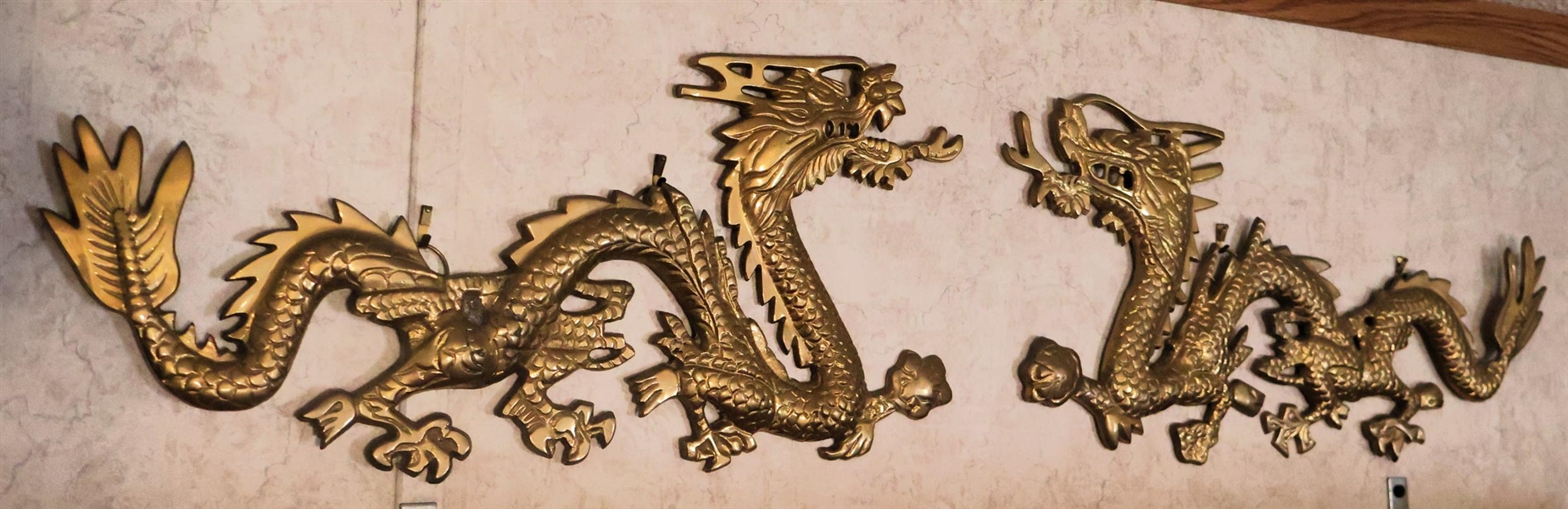 Pair of Brass Dragon Wall Plaques - Measuring Approx. 16" Each 